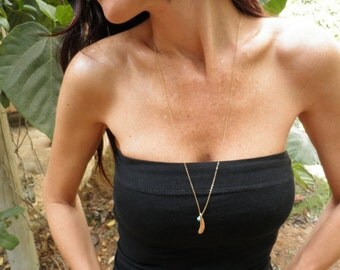 LONG Gold Feather Necklace, Feather Necklace, Feather Jewelry, Minimalist Pendant, Turquoise necklace, Delicate 14k Gold Filled Necklace