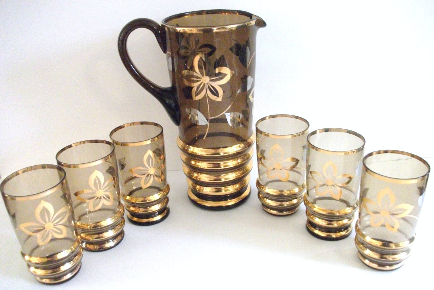 Vintage Amber Glass Pitcher Set