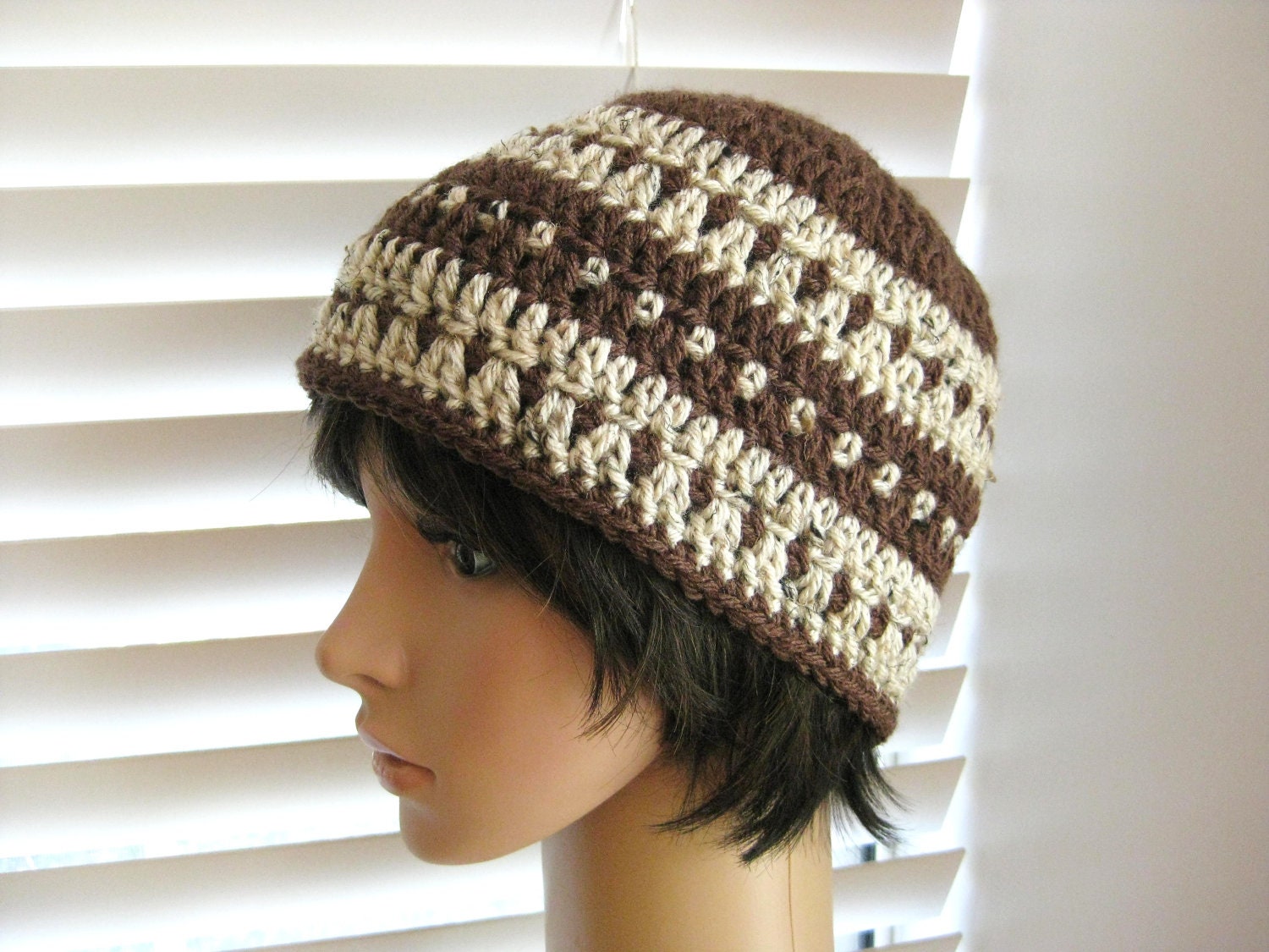 Crochet Beanie in Brown and Tan Unisex Crochet Beanie