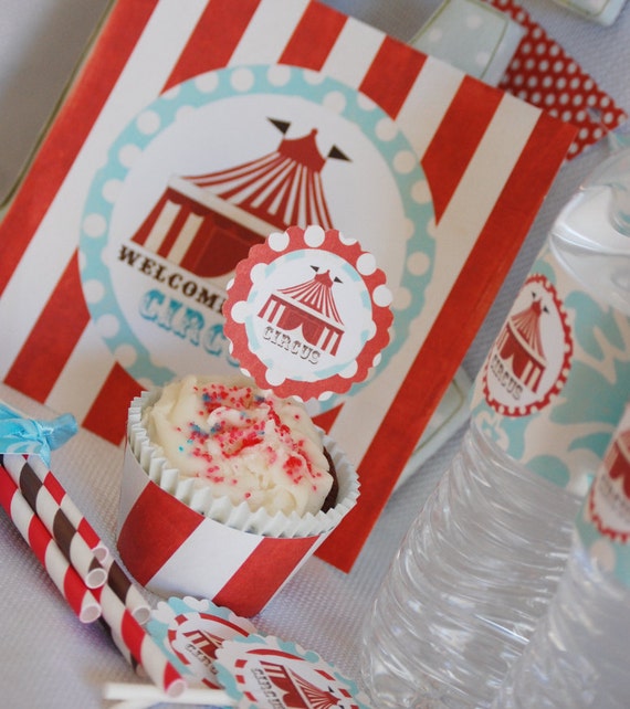Vintage Circus FULL Decoration Set - INSTANT DOWNLOAD Printable Party Shower Cupcake Toppers Bottle Wraps Pennant Banner Favor Tags Il_570xn