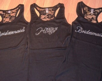 Wedding Party Half Lace Tank Tops - Script Font in rhinestones - Bridesmaid