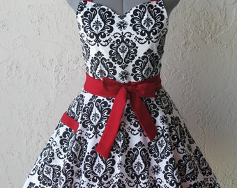 Sweetheart Hostess Apron - Black Damask with a hint of Red - Full of Twirl Flounce