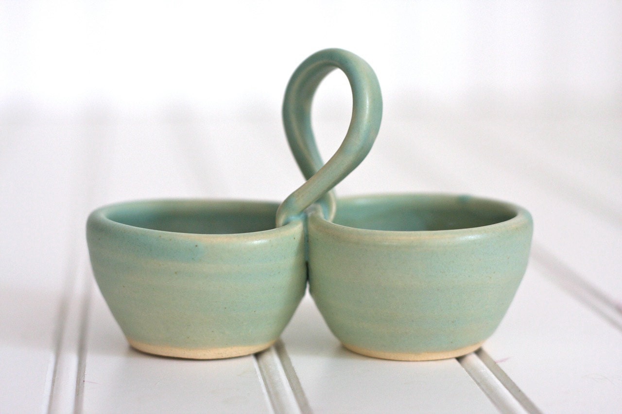 Pottery Salt and Pepper Pinch Pot with Handle Soft Seafoam