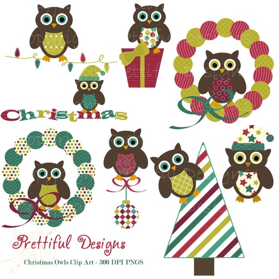 50% OFF SALE Christmas Owl Clip Art for Digital Scrapbooking, Invitations, Paper Goods, Card Making - Deck The Halls (419) Il_570xn