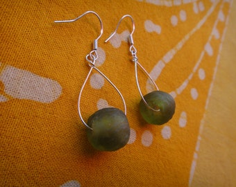 African Olive Green Glass Bead Teardrop Earrings
