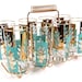 Mid Century Cocktail Glasses Turquoise and Gold Leaf Design / Set of Eight with Caddy / Mad Men Cocktail Party