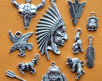 Native American Charm Collection Antique Silver Tone The Ultimate 12 Different Charms - COL129