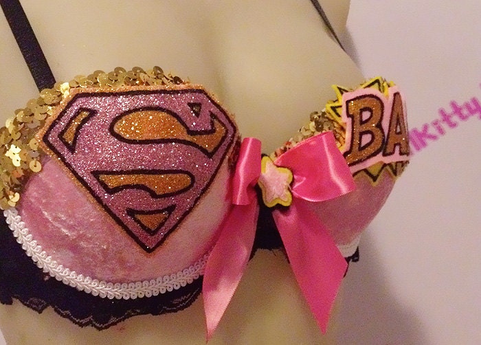 Pink Superman Comic Hero inspired Custom Sparkly Bra