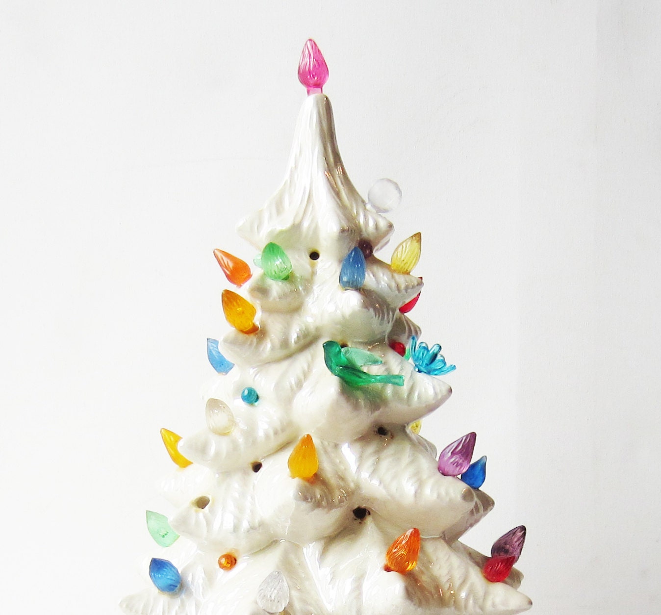Vintage White Ceramic Tree Light with Colorful Butterfly Bird