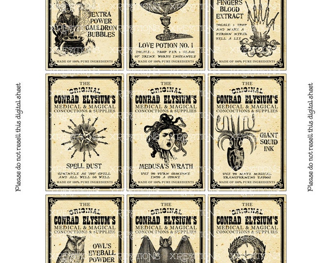 Steampunk Apothecary Labels, Potions, Magical Concoctions and Magical Spells, Digital Collage Sheet in 2x3 inches, print your own