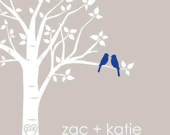 Personalized Wedding Gift, Love Birds in Tree with Carved Initials and Names/Wedding Date, 8x10 Family Tree Print