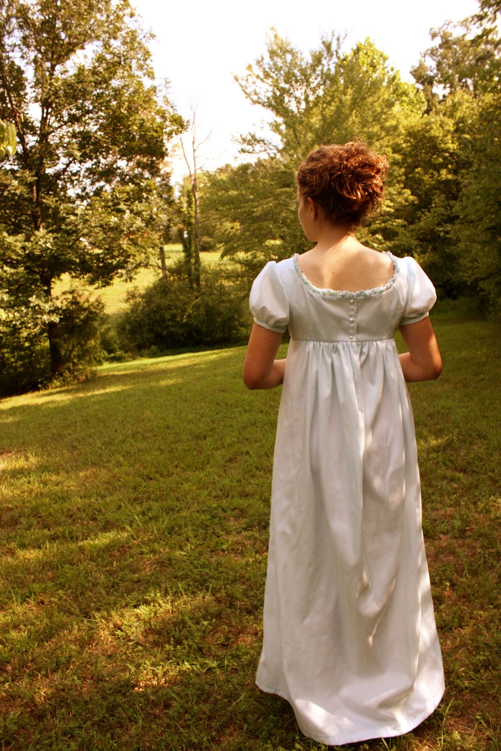 Light Blue Cotton Regency Dress Reenactment Costume and Ball