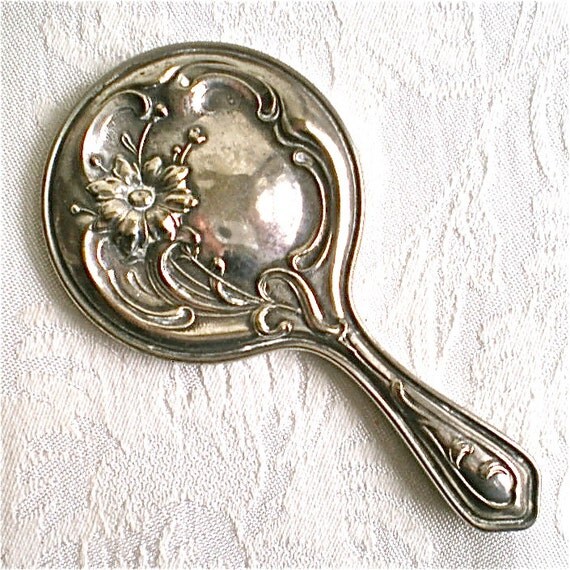 Antique Doll Mirror Art Nouveau Toy Silver Mirror Child