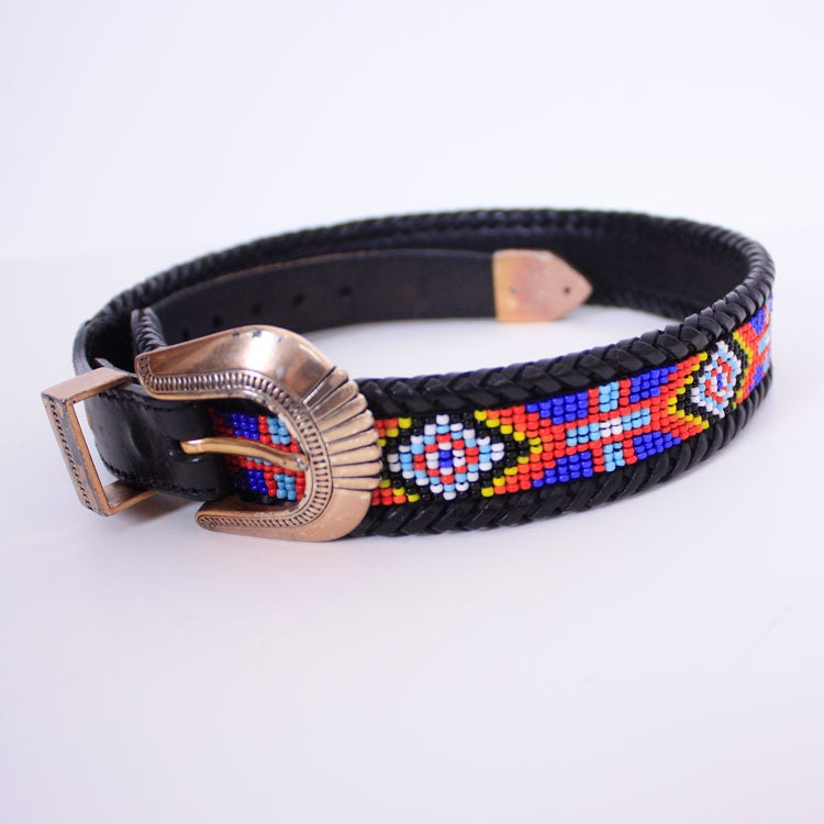 Vintage BEADED Navajo Black Leather Belt