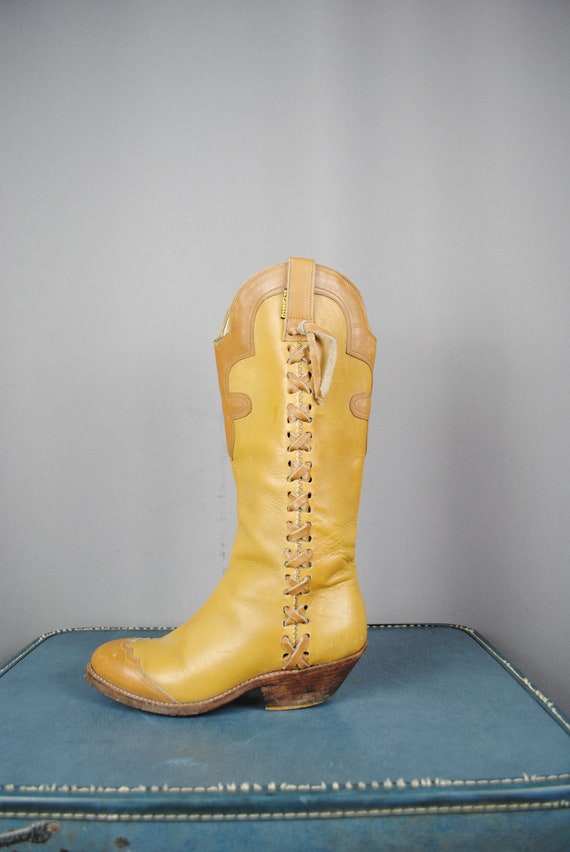 Tan and Yellow WOVEN Detail LONG Cowboy Boots. Women's