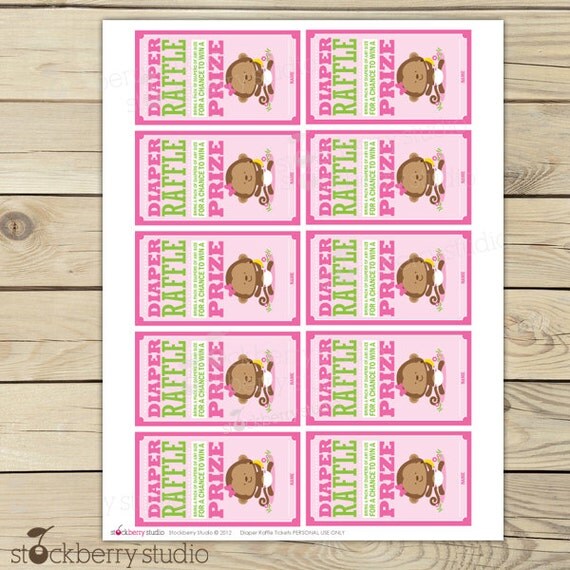 Girl Monkey Diaper Raffle Tickets - Pink and Green Baby Shower Games - Instant Download Il_570xn