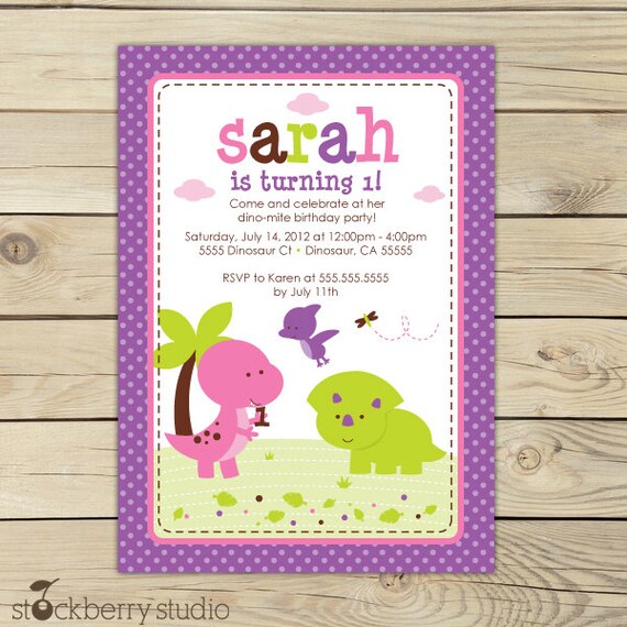 Girl Dinosaur Birthday Invitation - Girl Dinosaur Invitation - Girl Dinosaur Party - Girl Birthday Invitation - pink dinosaur party Il_570xn