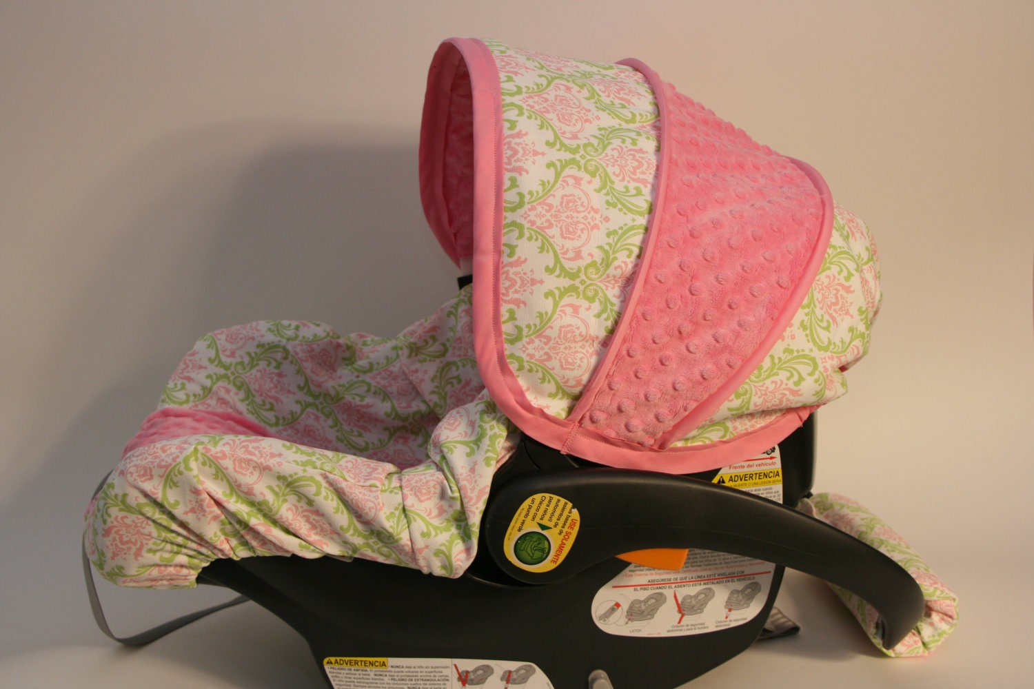 Ships TODAY Pink Lime Damask Infant Chicco Car Seat Cover