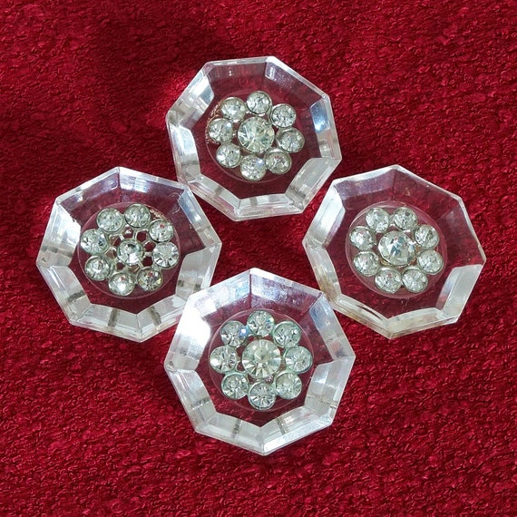 Vintage 1950s Rhinestone Buttons Lucite Octagonal Set of 4