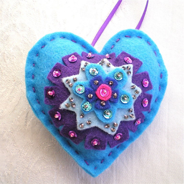 Heart, Blue, Christmas Decoration, Purple, Pin Cushion, Handmade, Felt, Sequins, 4" x 4"