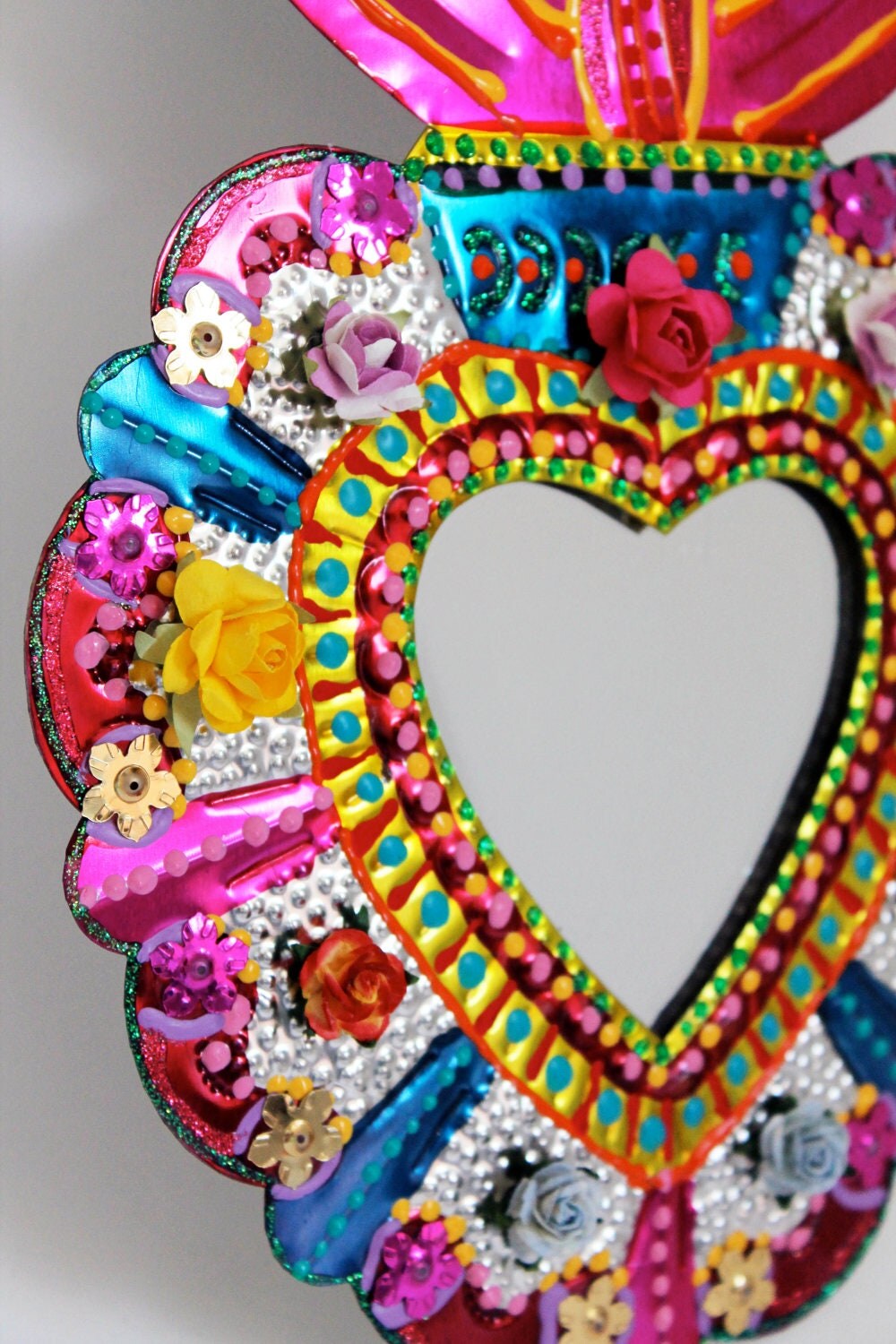 Sacred Heart tin metal mirror / Mexican folk art / bright