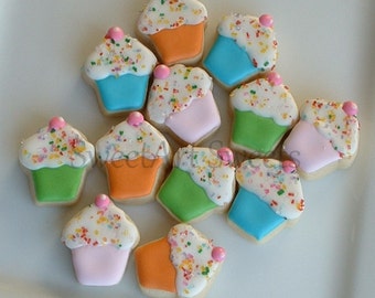 Cupcake cookies - decorated cookies - birthday cookies - party favors - decorated cookie favors - 2 dozen MINI cupcake cookies