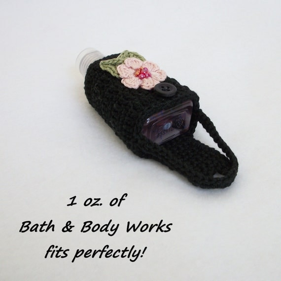 Crocheted Hand Sanitizer Holder/Cozy in Black w Pink Flower