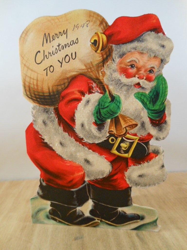 Vintage Santa Christmas Card with Glitter Fur and big black