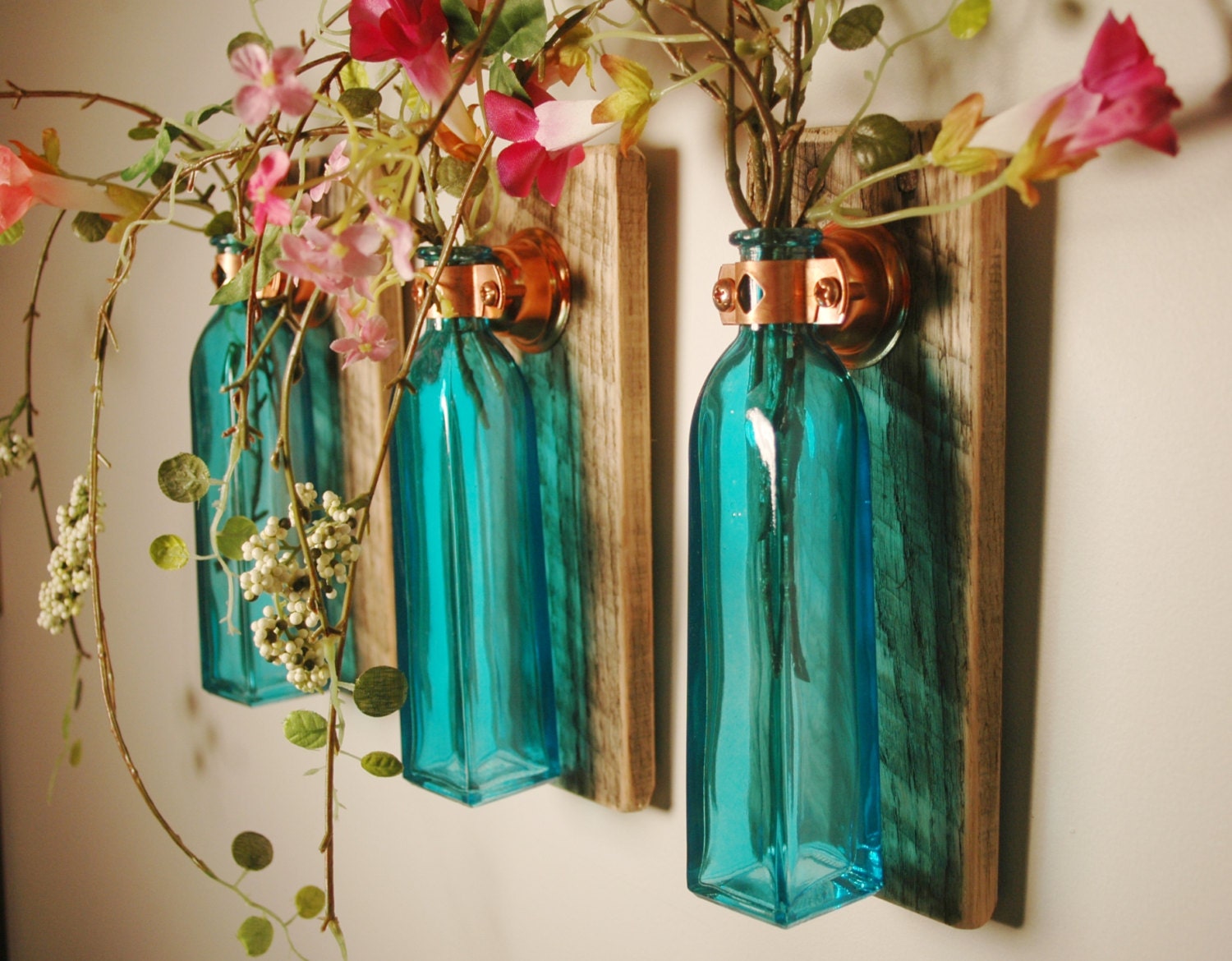 Square Glass Bottle Trio each mounted on por PineknobsAndCrickets
