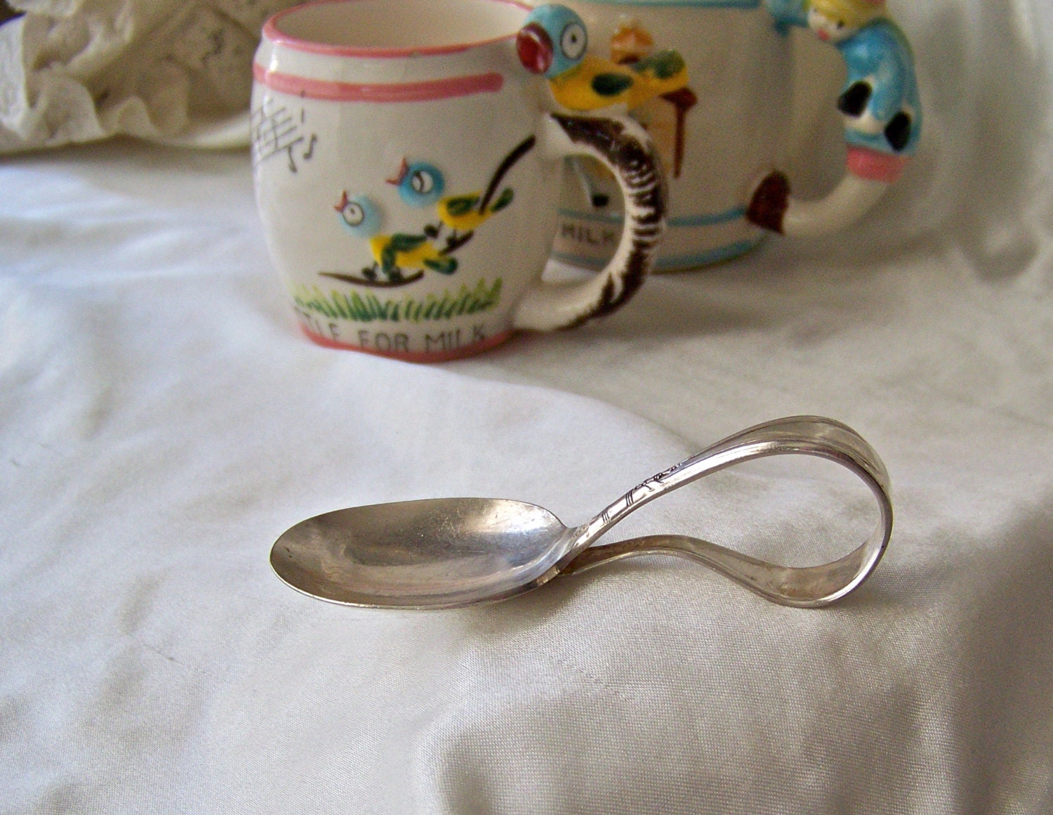 Antique Baby Spoon Silver Plate Curved Handle by cynthiasattic