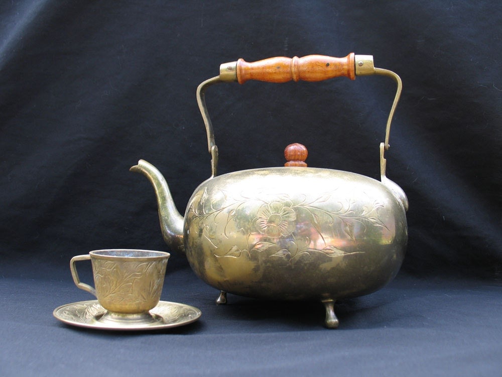 Vintage Brass Teapot and Brass Cup and Saucer Floral Etched Haute Juice