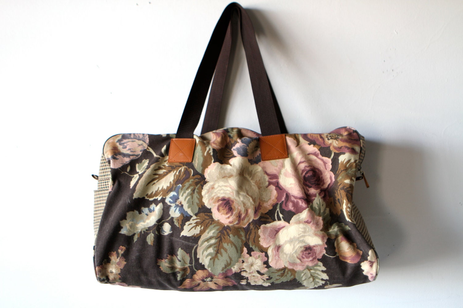 90s FLORAL grunge workout BAG oversize HOUNDSTOOTH contrast