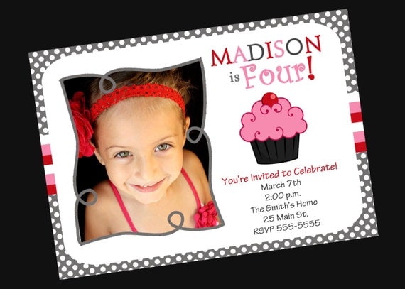 Girls Birthday Invitation Cupcake with Photo (Printable )Digital File Il_570xn