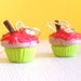 Sour Apple Cupcake Earrings, Clay Mini Food Earrings with Red Frosting and Little Apples, Kawaii Fruit Cakes