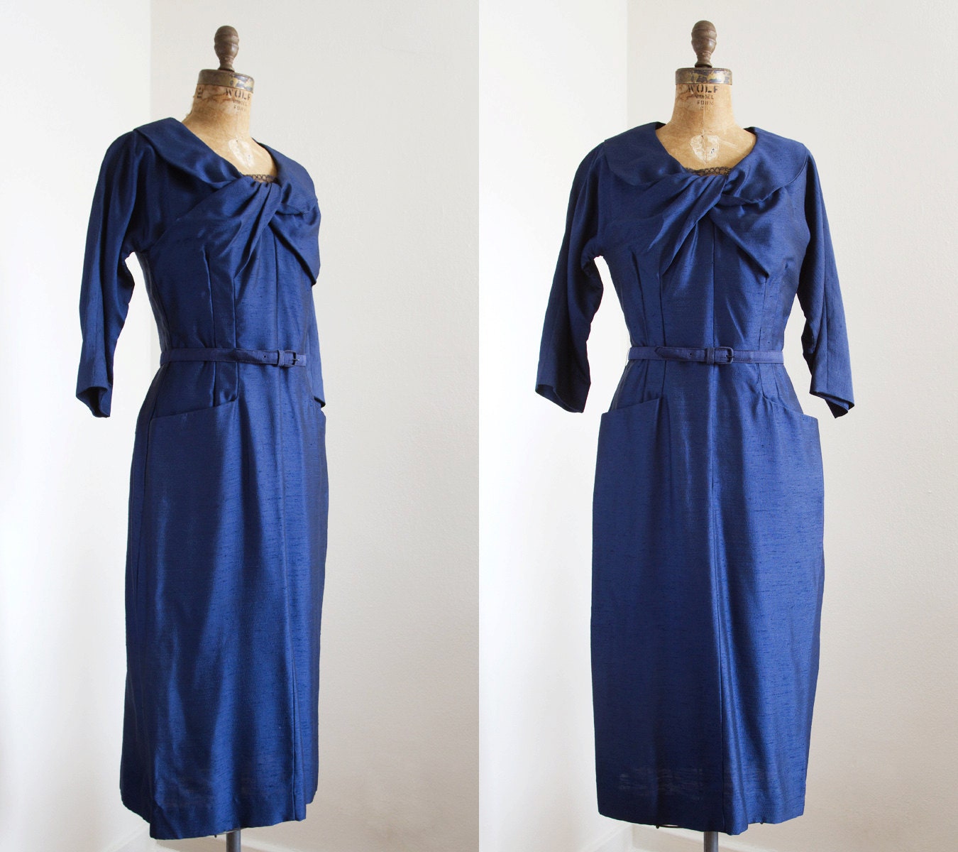 1950s Dress 50s Dress Navy Silk Shantung by LivingOnVelvet
