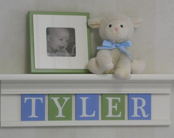 Blue Green Nursery Art Children Name Nursery Decor White Shelf / Sign Wooden Letters Personalized for Boys Room