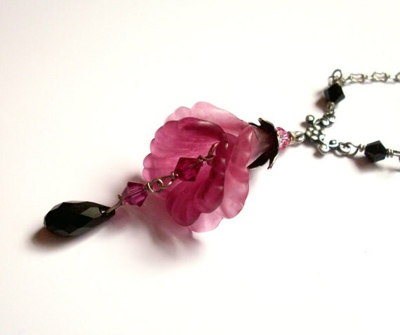 Pink Lucite Flower Necklace Pink Burgundy Layered Flower