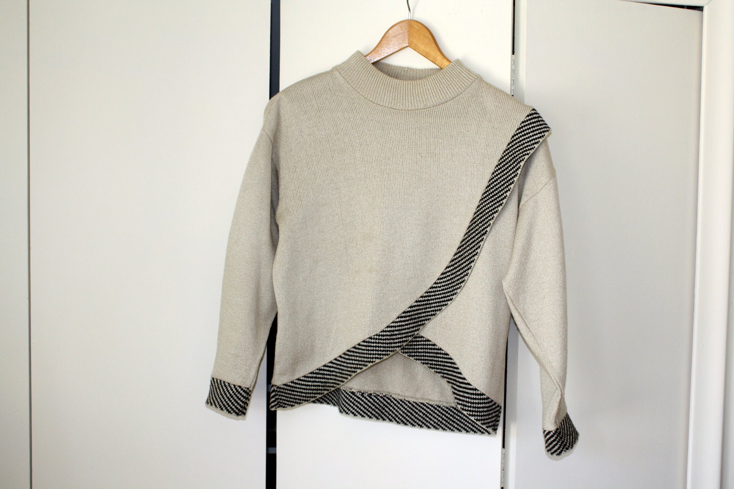 VINTAGE SWEATER 3/4 SLEEVES cropped crop asymmetrical beige