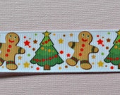 Dancing Gingerbread men and Christmas trees on white 7/8" grosgrain ribbon Christmas Il_170x135