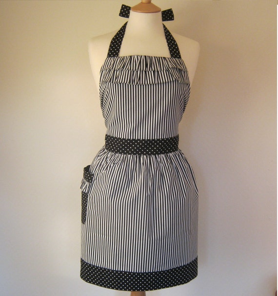 Retro apron with ruffles black and white striped fabric