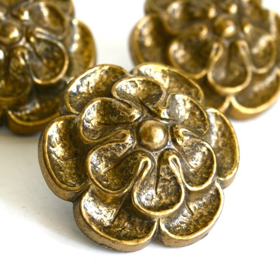 Set of 3 Large Floral Brass Dresser Knobs 1960s