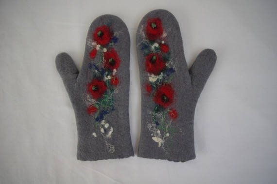 Felted Mittens - Grey, Red - Poppies