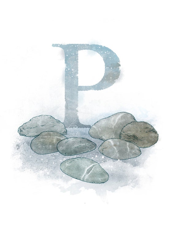 Letter P Art Print, Pebble, Nature Theme Alphabet Giclee Print