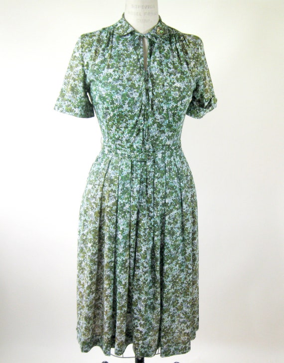 60s Green Floral Day Dress Rayon Size Small