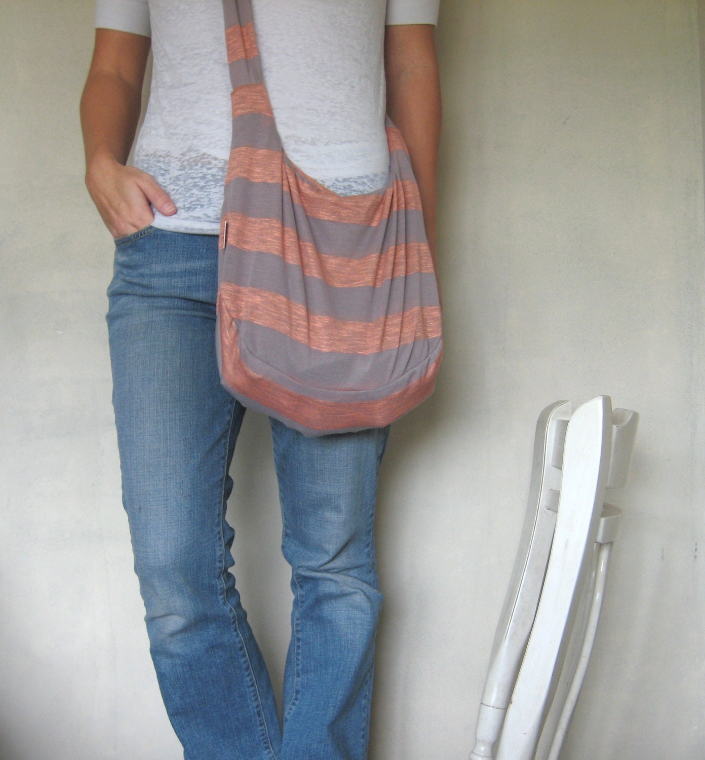 Purse. Hobo Bag. TShirt Purse. striped coral and taupe.