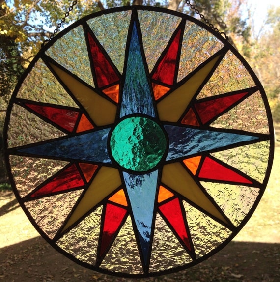 Stained Glass Panel Colorful Geometric Sun