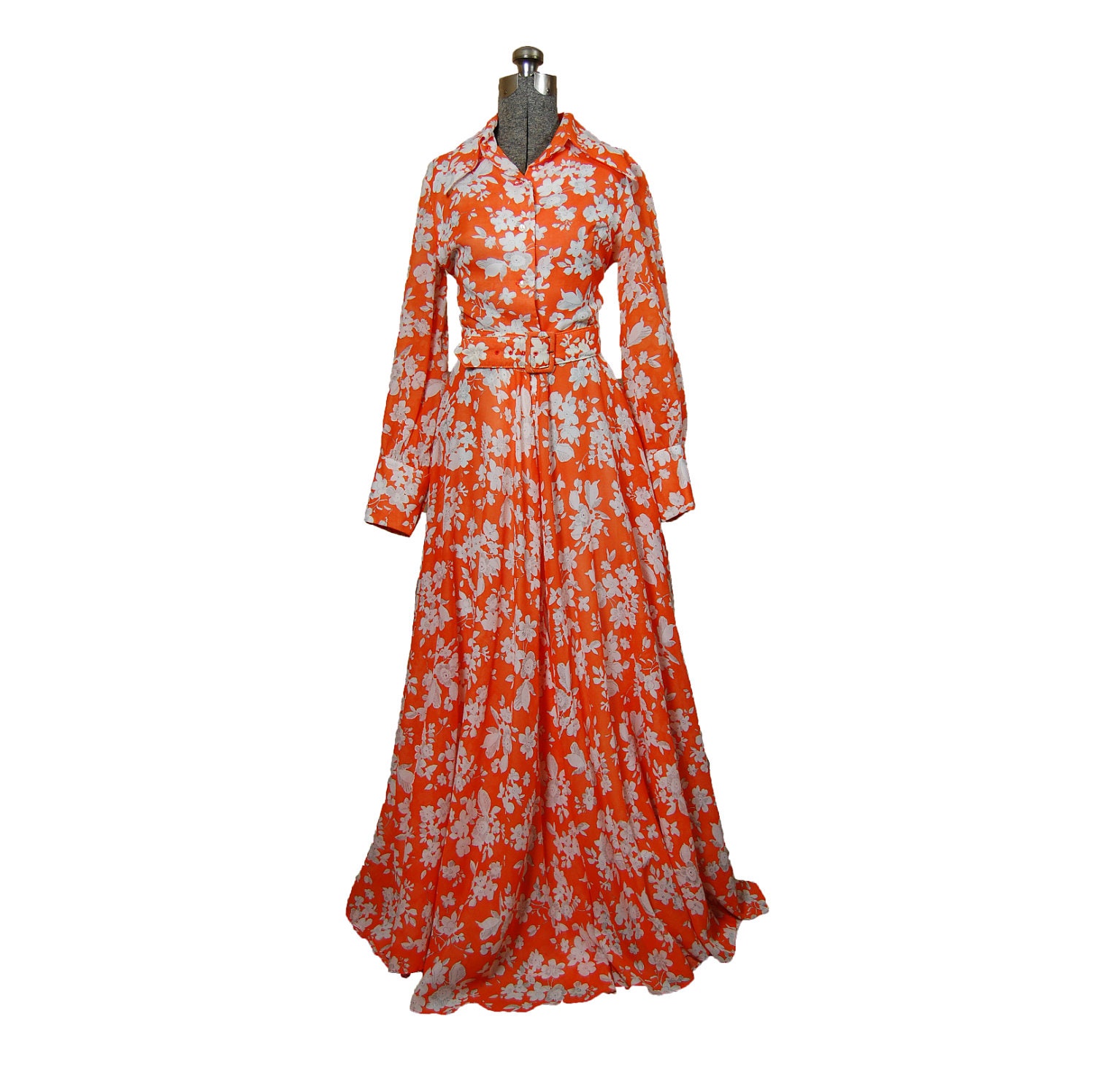 Vintage 1970s Dress Orange Floral Full by dejavintageboutique