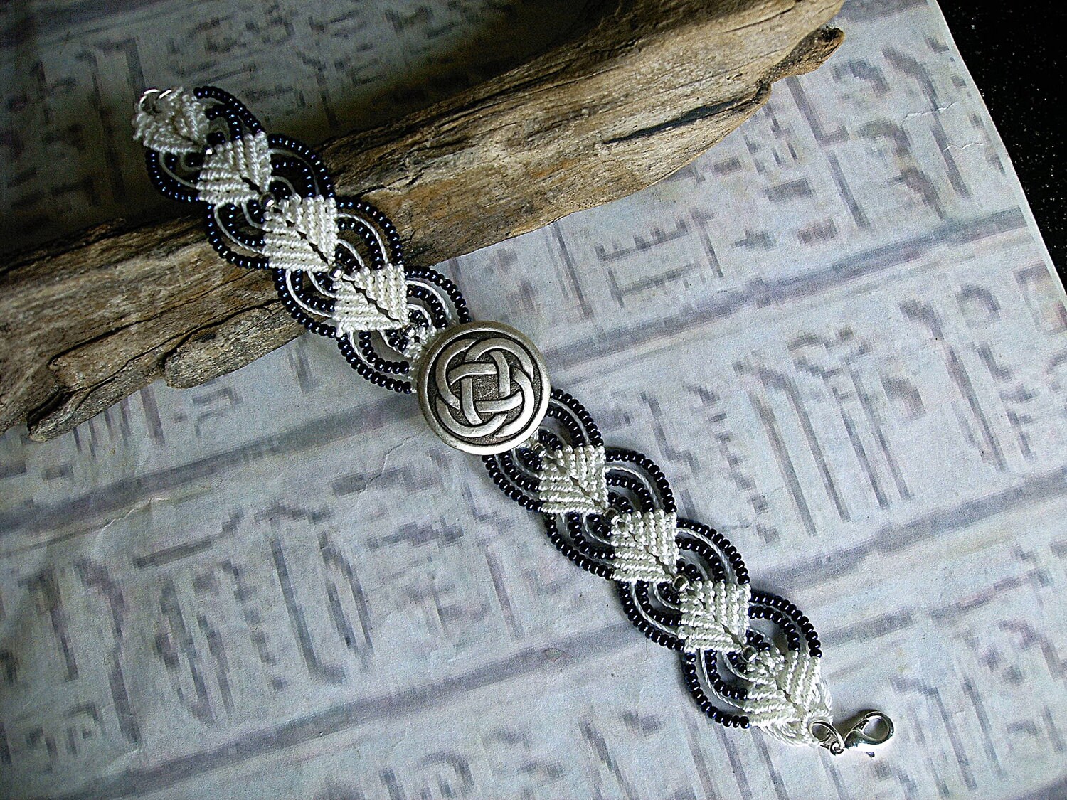 Celtic knot beaded micro macrame bracelet in midnight blue and