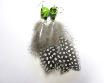 Skull Earrings Day of the Dead Earrings Green Feather Sugar Skull Earrings