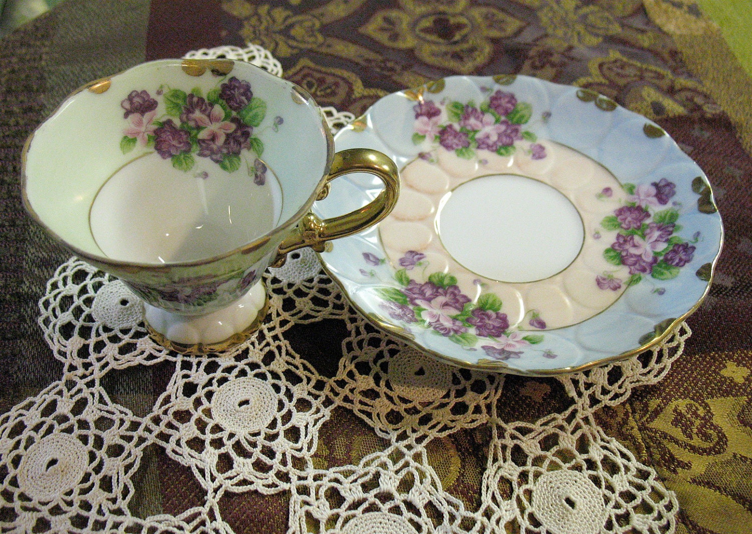 Violets Tea Cup and Saucer Lefton China Vintage Hand Painted